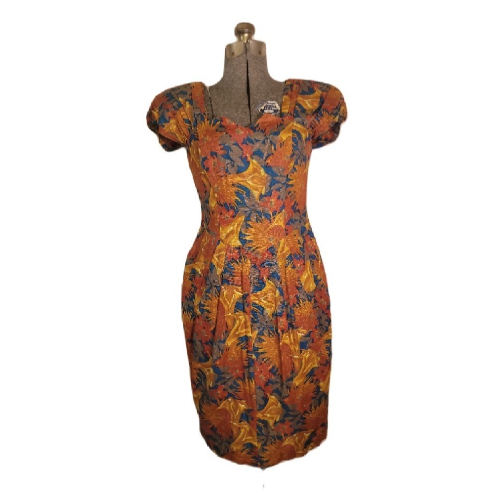 Vintage 70s 80s‎ Orange Floral Midi Dress Puff Sleeves And Hip Funky Fall XS/S